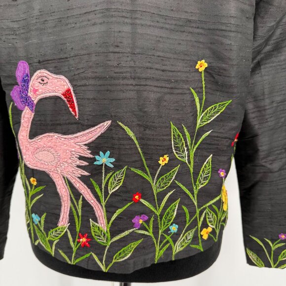 Vtg Tunique Nights Silk Jacket Women S Embroidered Black Flamingo Novelty Button - Picture 4 of 7